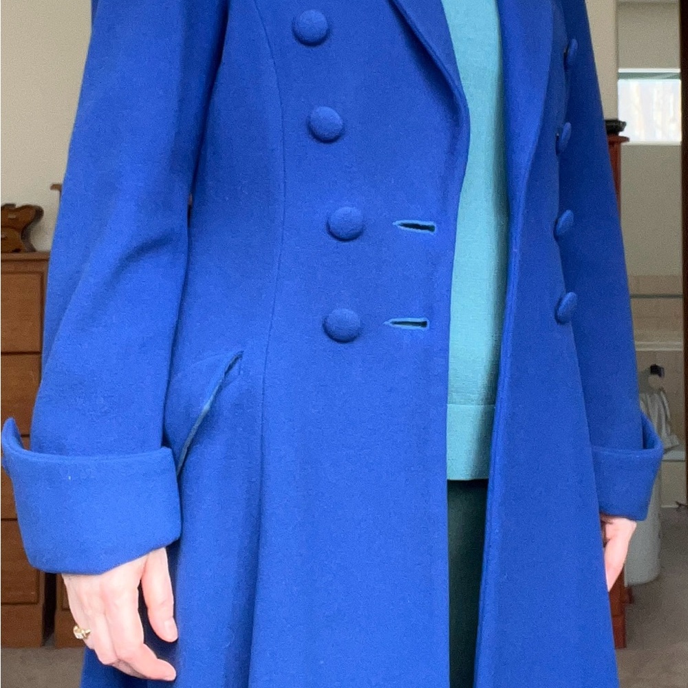 cobalt blue unique A-Line Notched Collar wool and cashmere fitted long coat - Picture 4 of 15